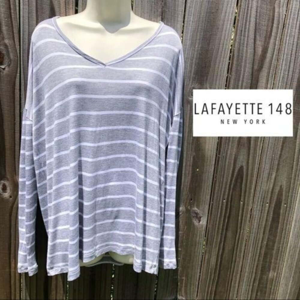 Lafayette 148 Medium Oversized Top Blouse Gray White V Neck Pullover Striped